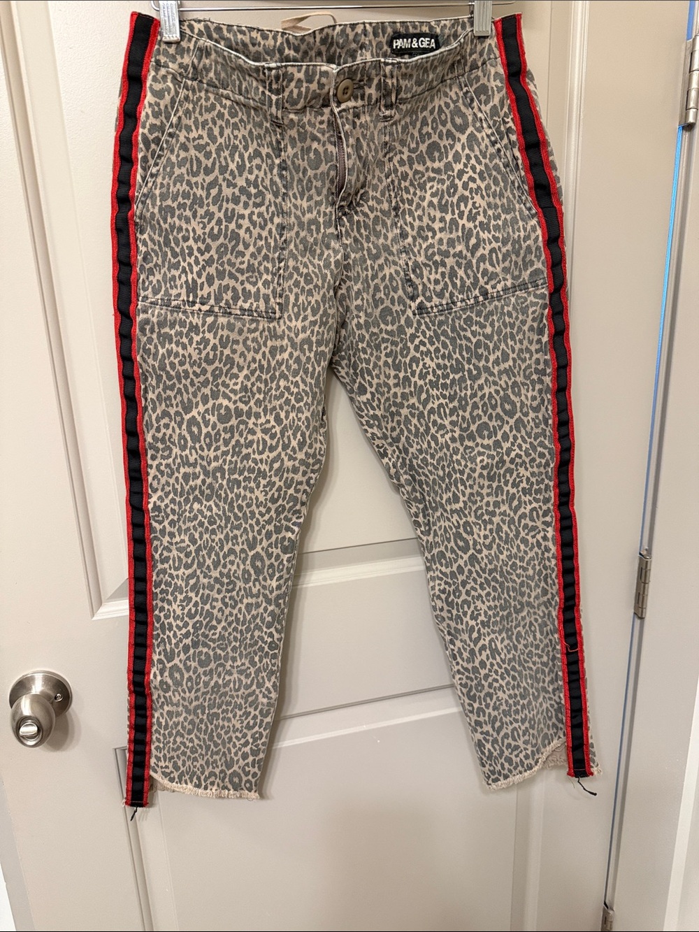 Pam & Gela Leopard Print Cropped Jeans with Red and Black Side Stripes